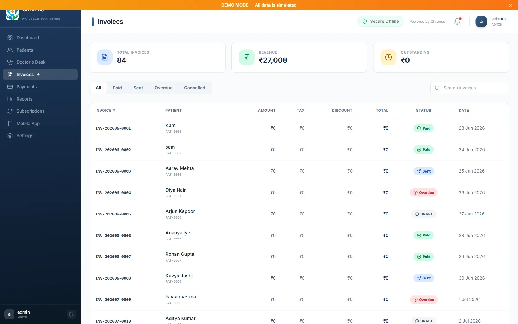 Chronos invoice ledger with paid, sent and overdue statuses