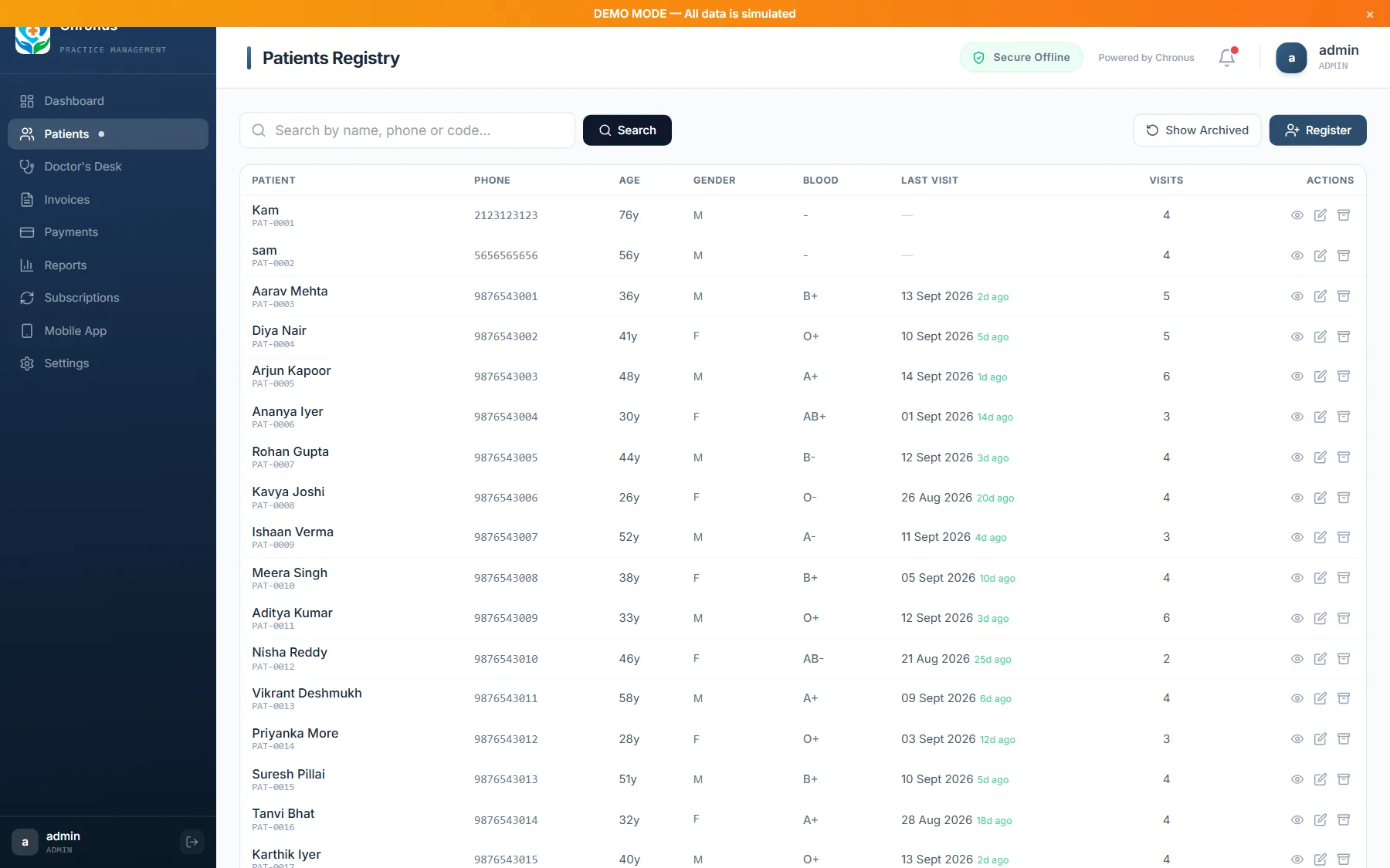 Chronos patient registry with search and visit history