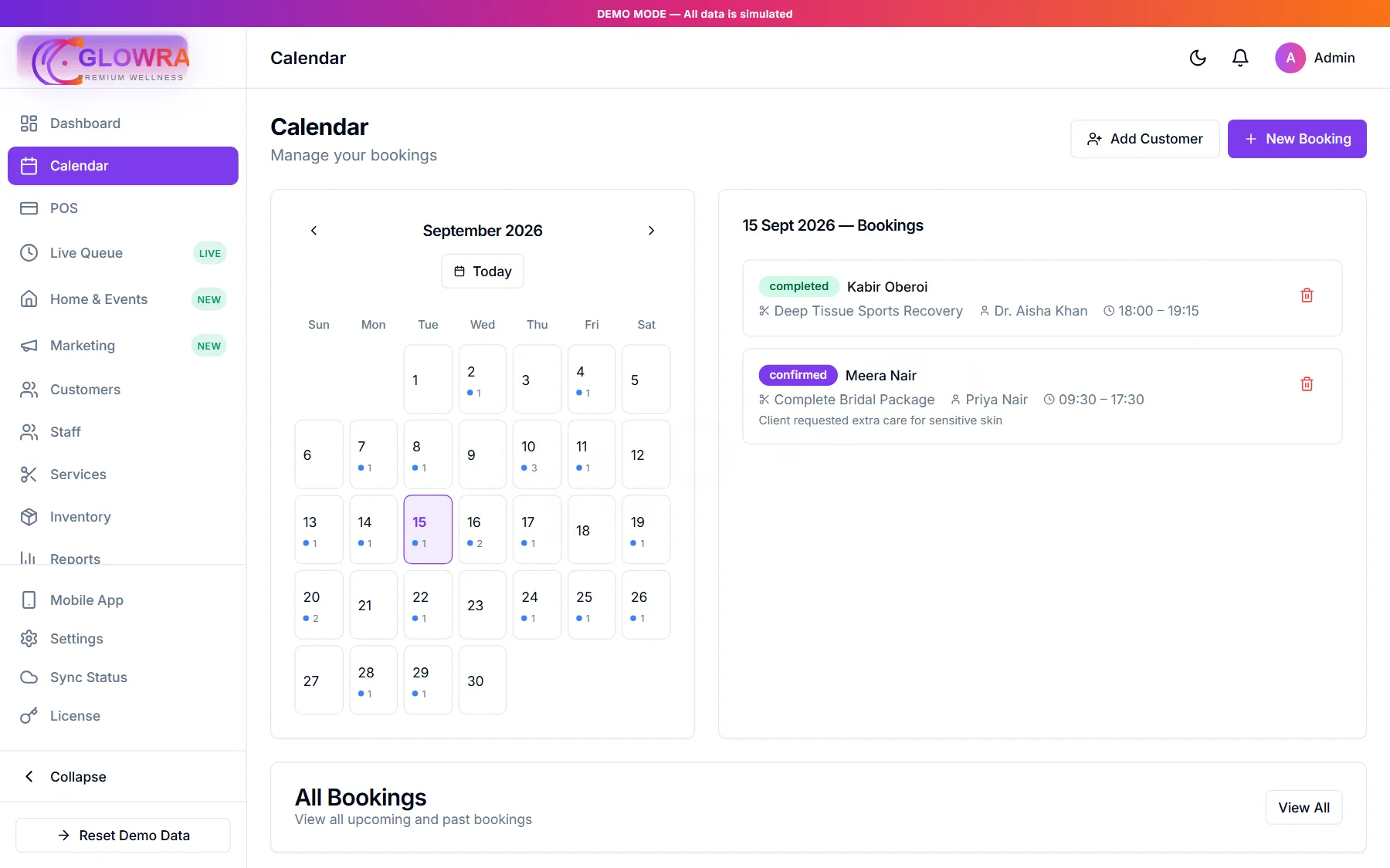 Glowra appointment calendar with stylist and service details