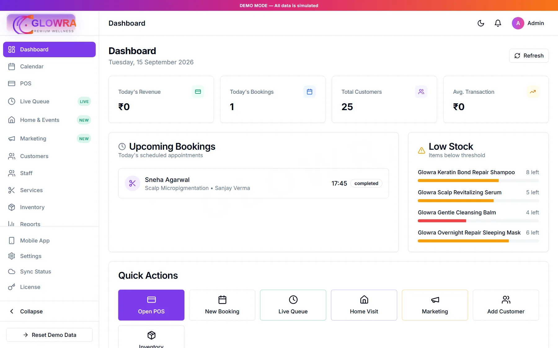 Glowra studio dashboard with bookings and low-stock alerts
