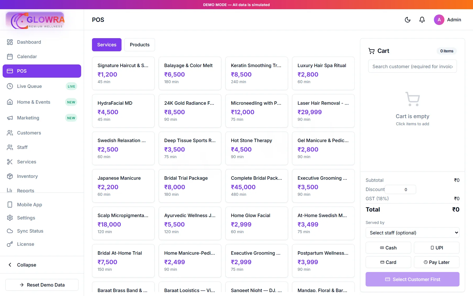 Glowra point-of-sale screen for billing products and services