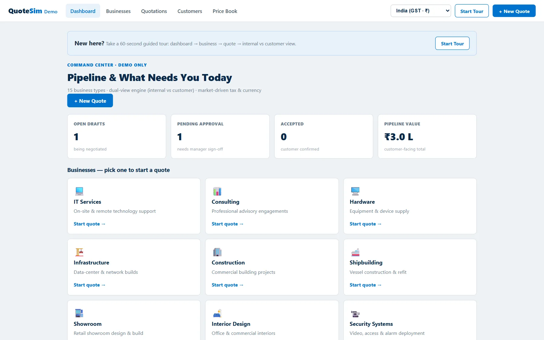 QuoteSim command center: pipeline stats and 15 business types ready to quote