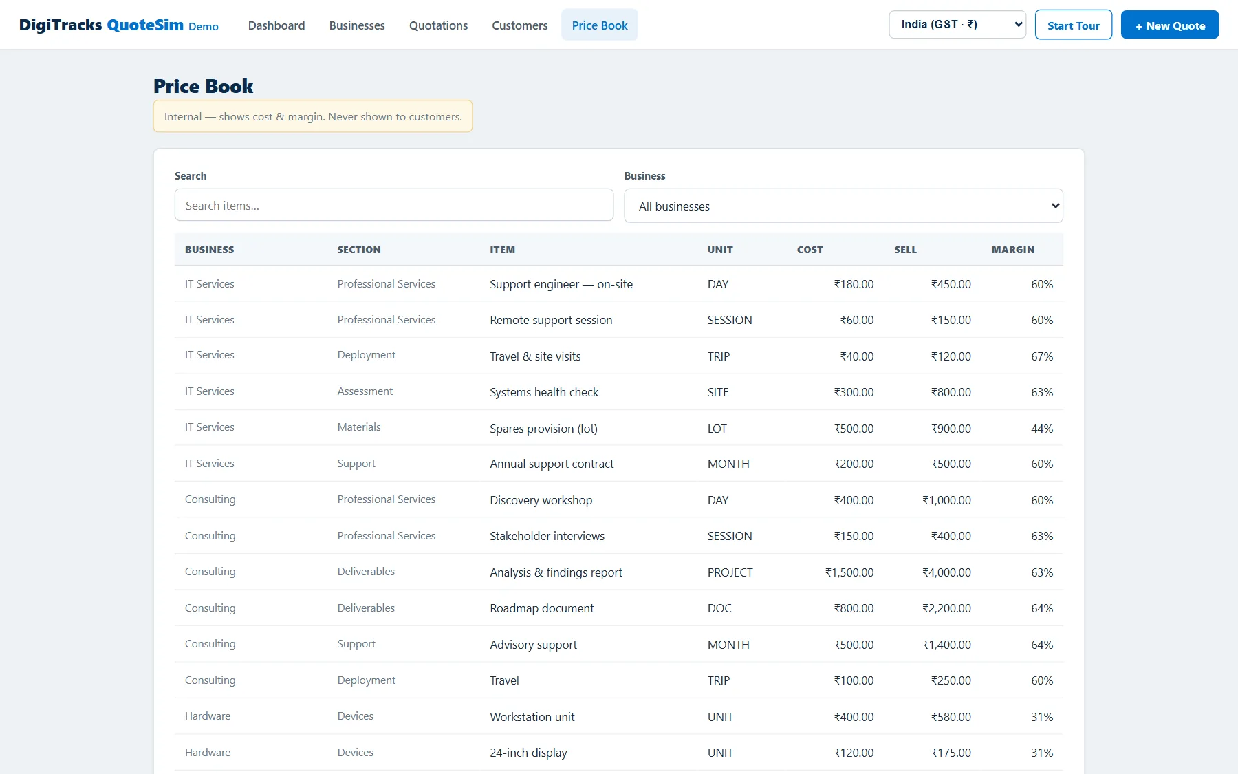 QuoteSim internal price book with cost-plus pricing and per-item margin