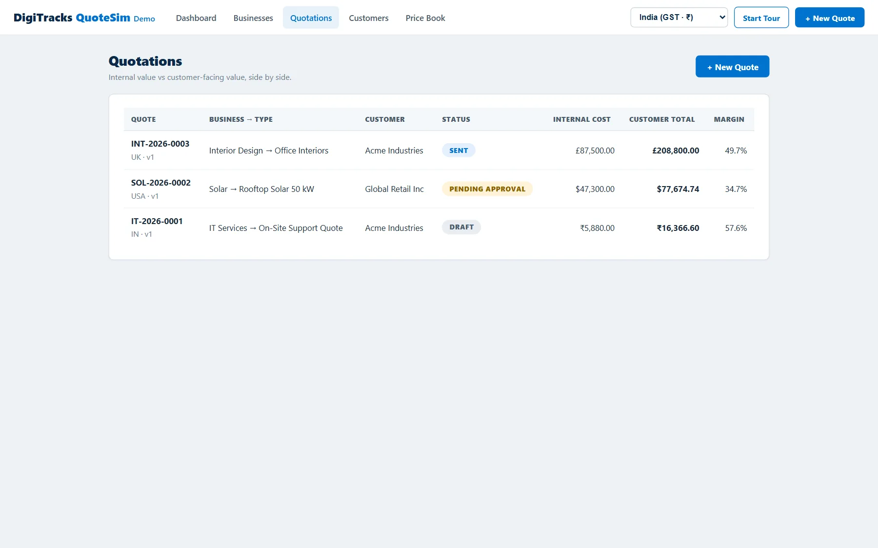 QuoteSim quotations ledger with internal cost vs customer total and live margin