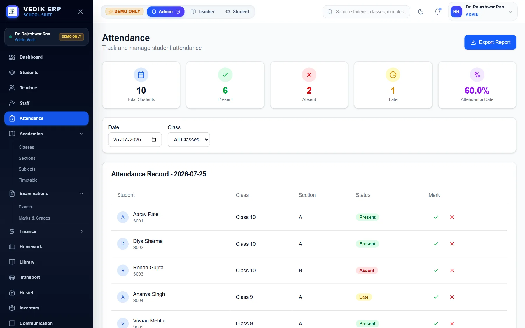 Vedik attendance module with live class-wise records