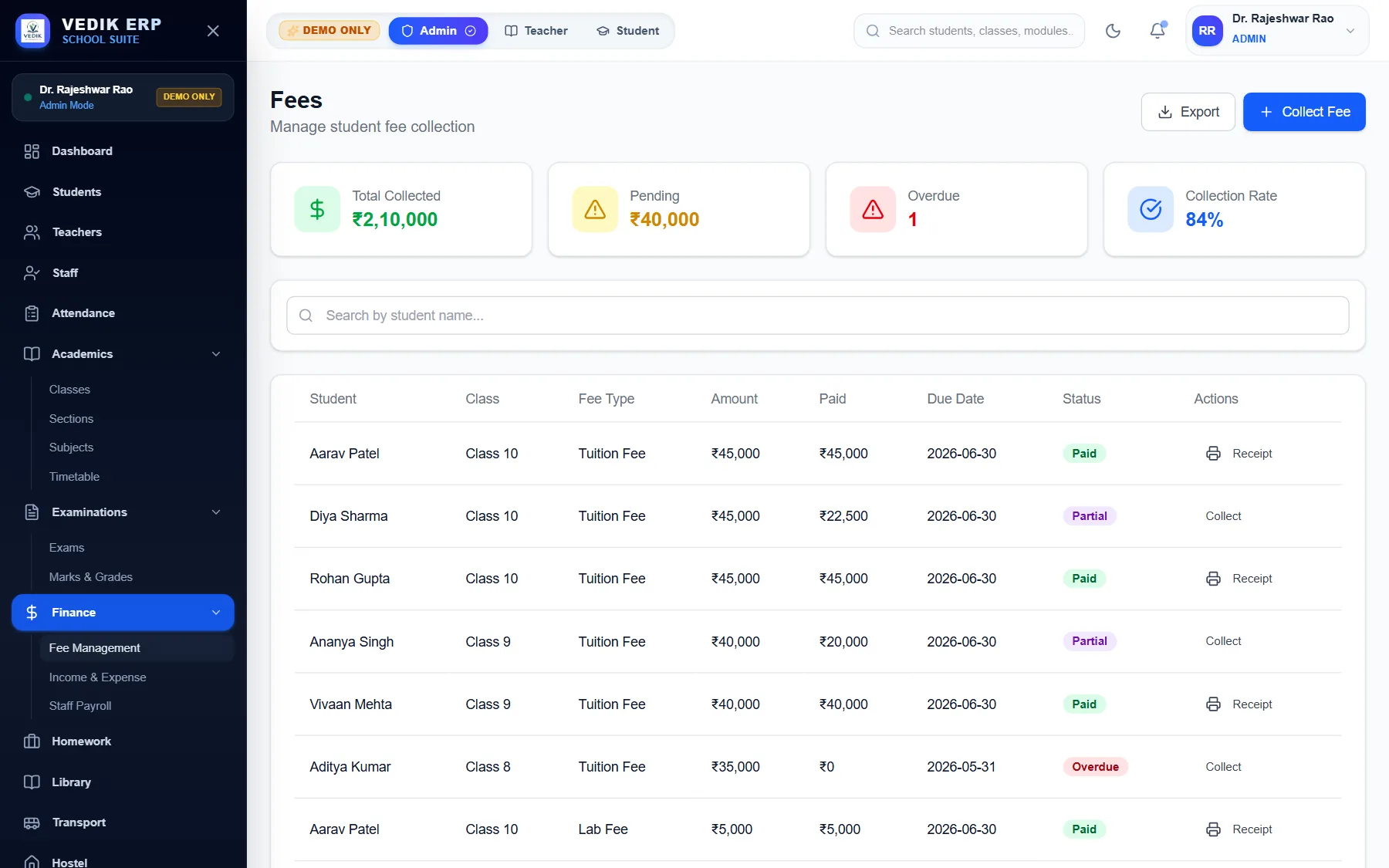 Vedik fee collection ledger with partial and overdue tracking